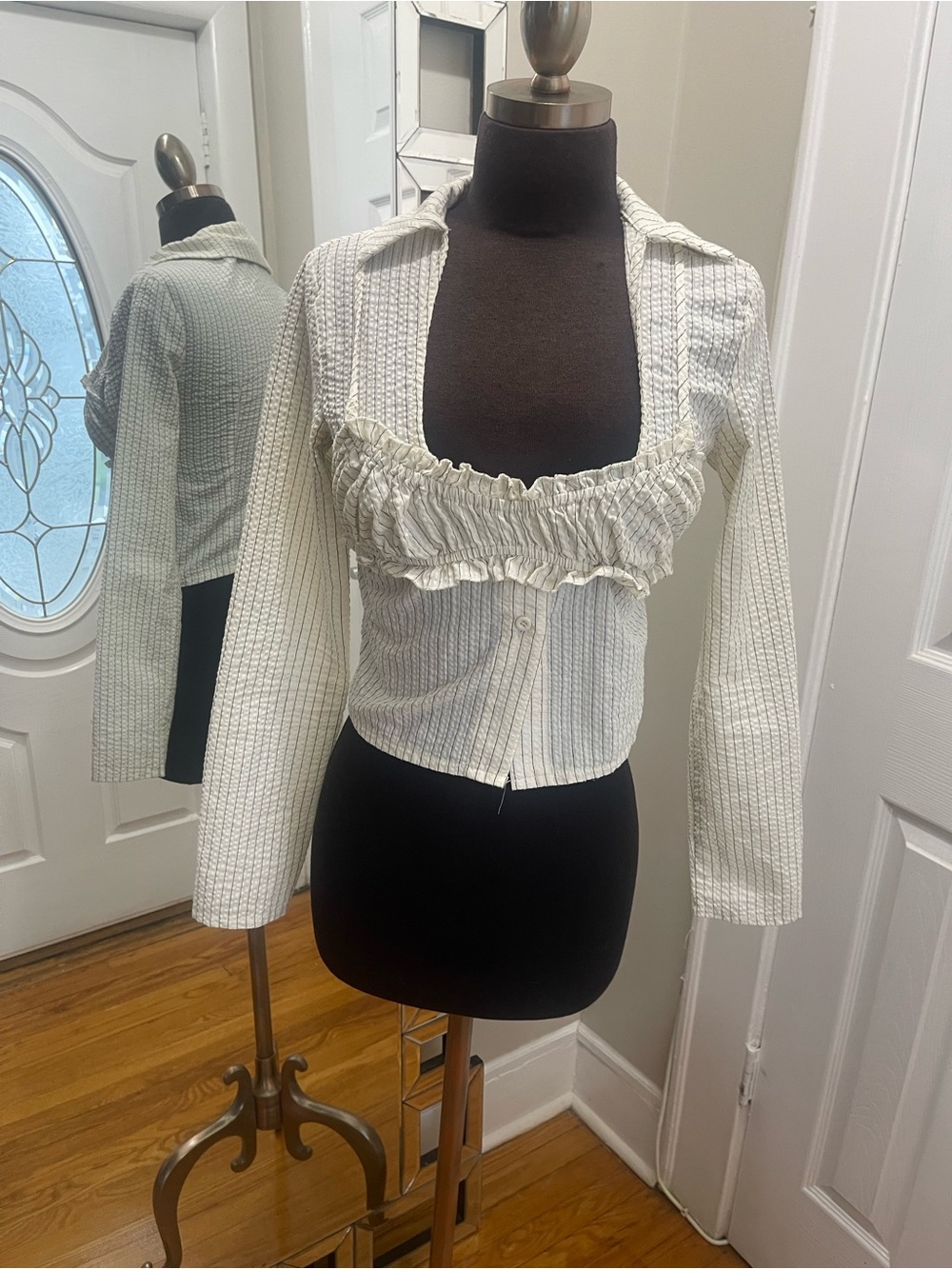 PrettyLittleThing Cream Striped Ruffle-Front Button Down Top - Picture 7 of 8